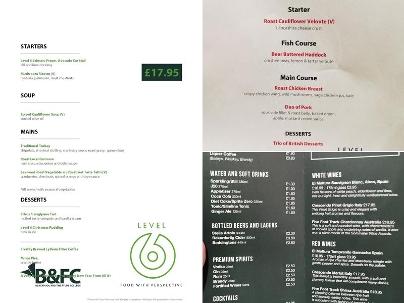 Level 6 Restaurant: Blackpool and The Fylde College Menu