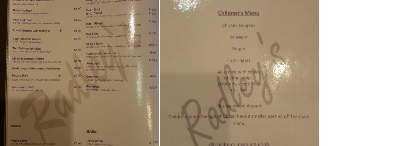 Radleys bistro Menu