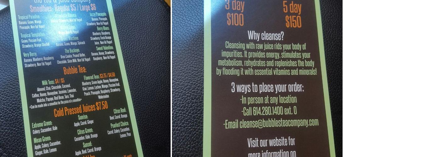 Bubbles the Tea and Juice Co. Menu