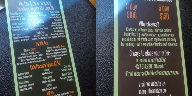 Bubbles the Tea and Juice Co. Menu