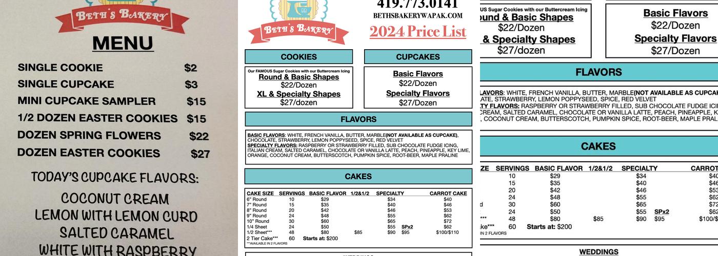 Beth’s Bakery Menu