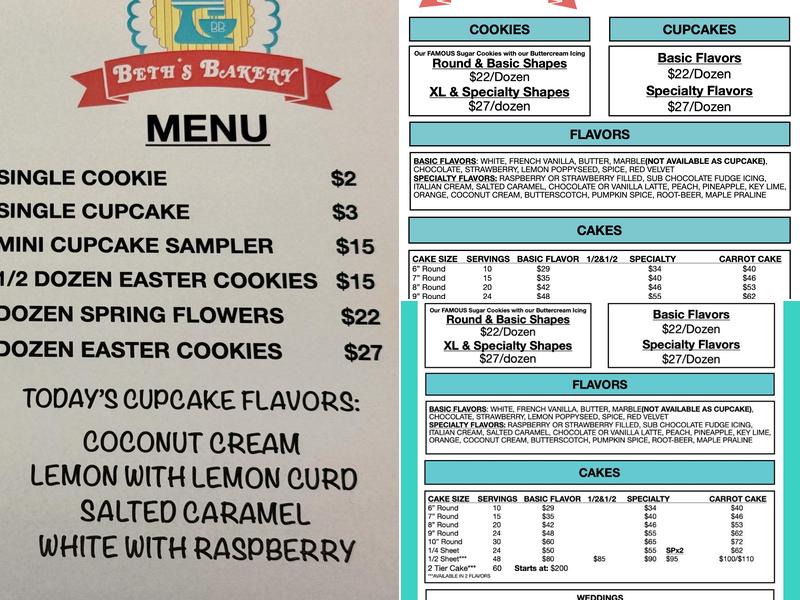 Beth’s Bakery Menu