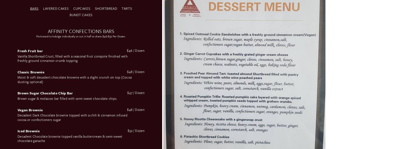 Affinity Confections Menu