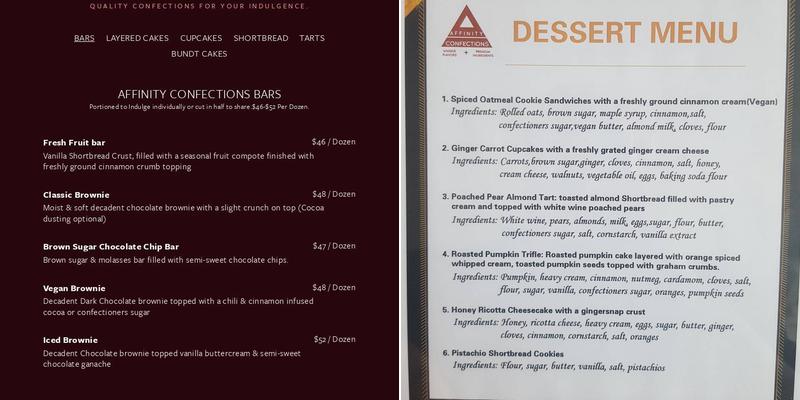 Affinity Confections Menu