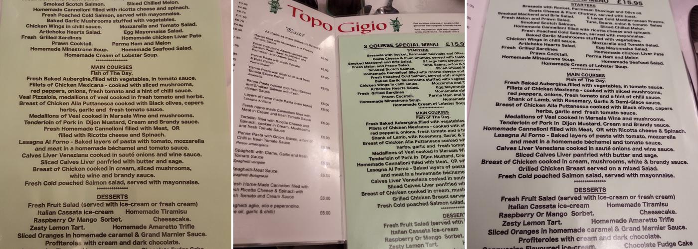 Topo Gigio Restaurant Menu