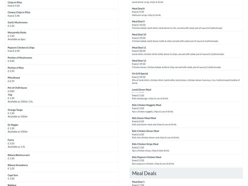 Oz Grill | Sutton Menu