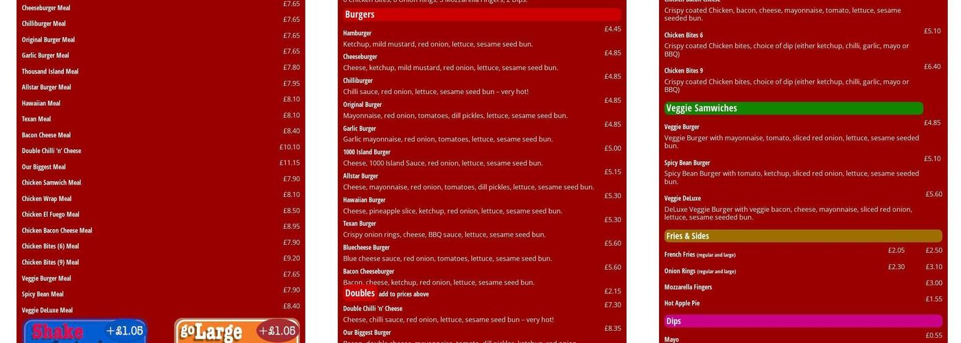 Uncle Sams Hamburger Express Woodingdean Menu