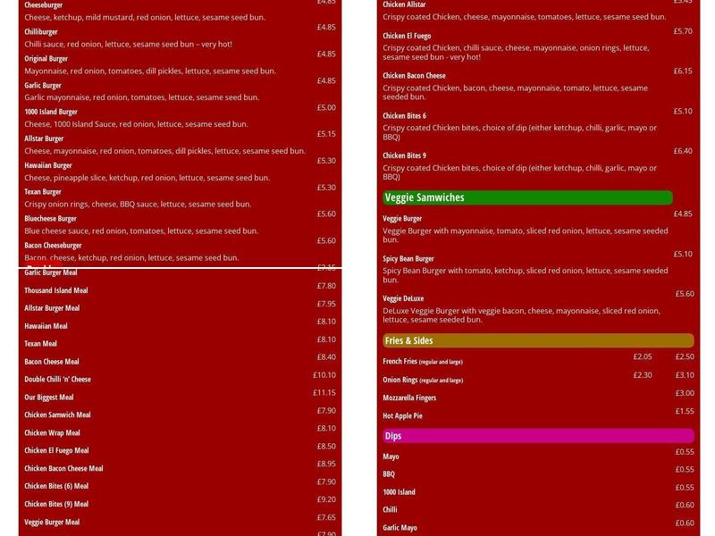 Uncle Sams Hamburger Express Woodingdean Menu