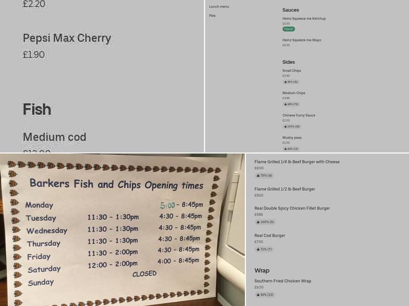 Barkers Fish & Chip Shop Menu