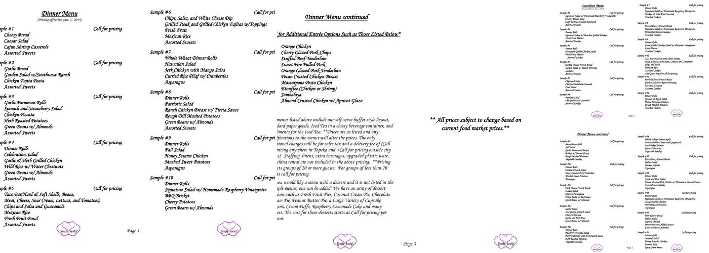 Simply Sarah's Catering Menu