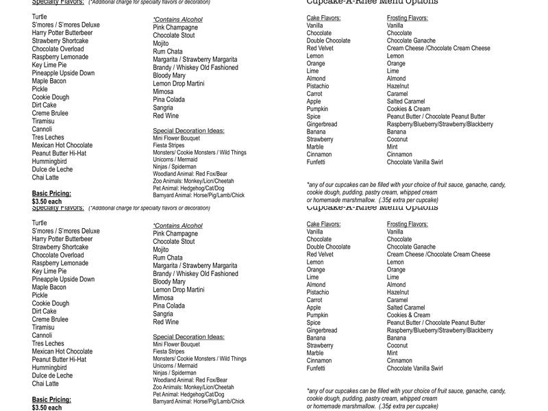 the cupcake-a-rhee Menu