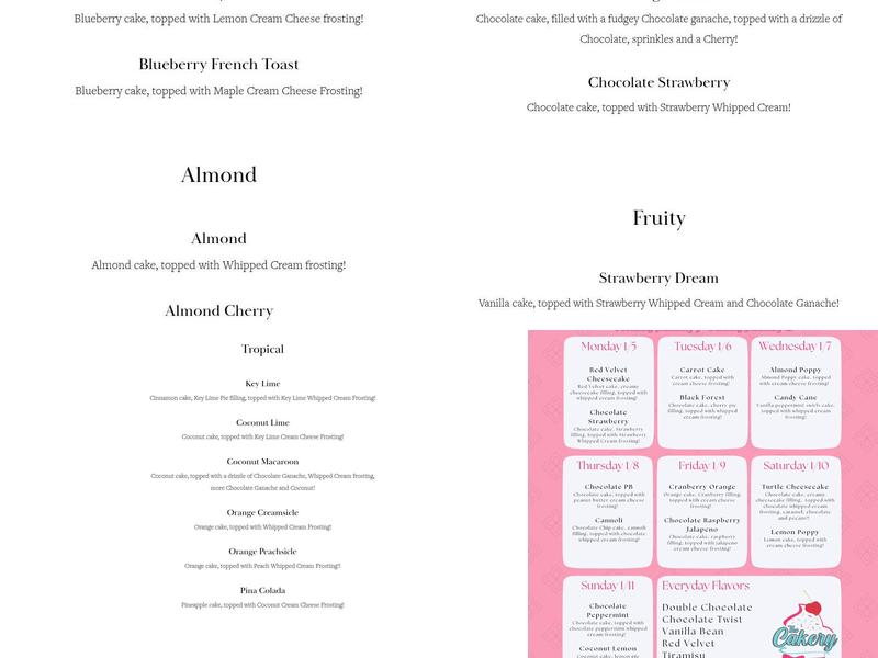 The Cakery Menu