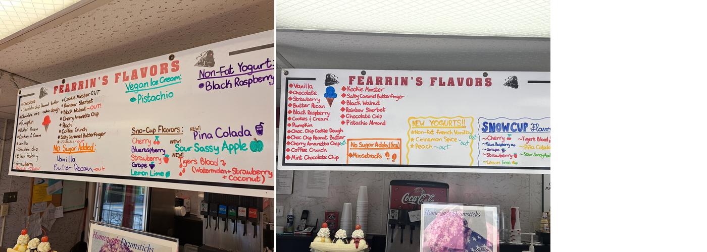 Fearrin's Ice Cream & Yogurt Depot Menu