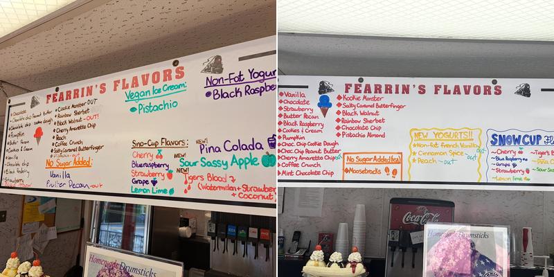 Fearrin's Ice Cream & Yogurt Depot Menu