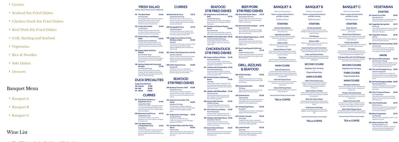 Royal Thai Restaurant Menu
