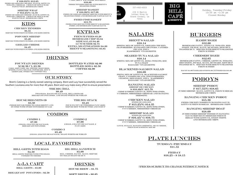Brent's Catering (Big Hill Cafe @ Brent's) Menu