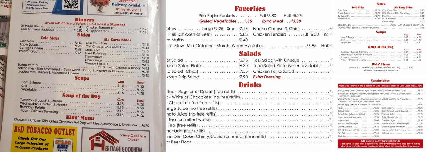 Mrs. Wick's Restaurant & Pie Shop Menu