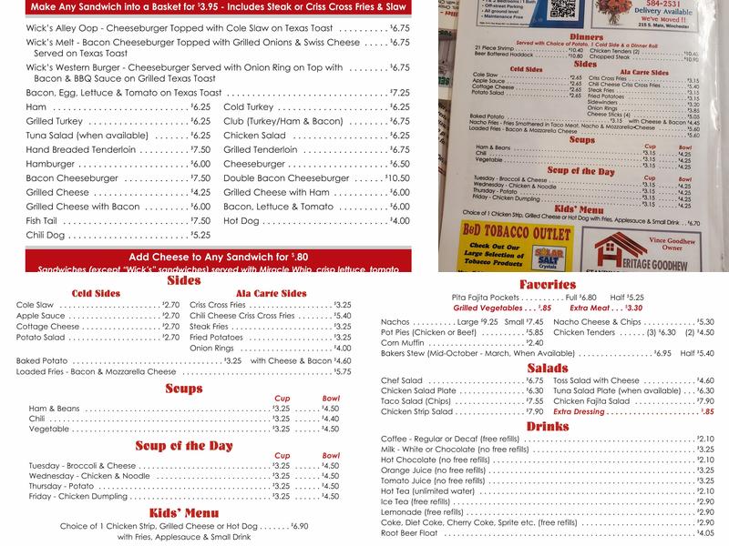 Mrs. Wick's Restaurant & Pie Shop Menu