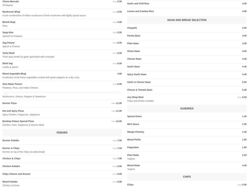 Bombay Palace Cove Indian Takeaway Menu