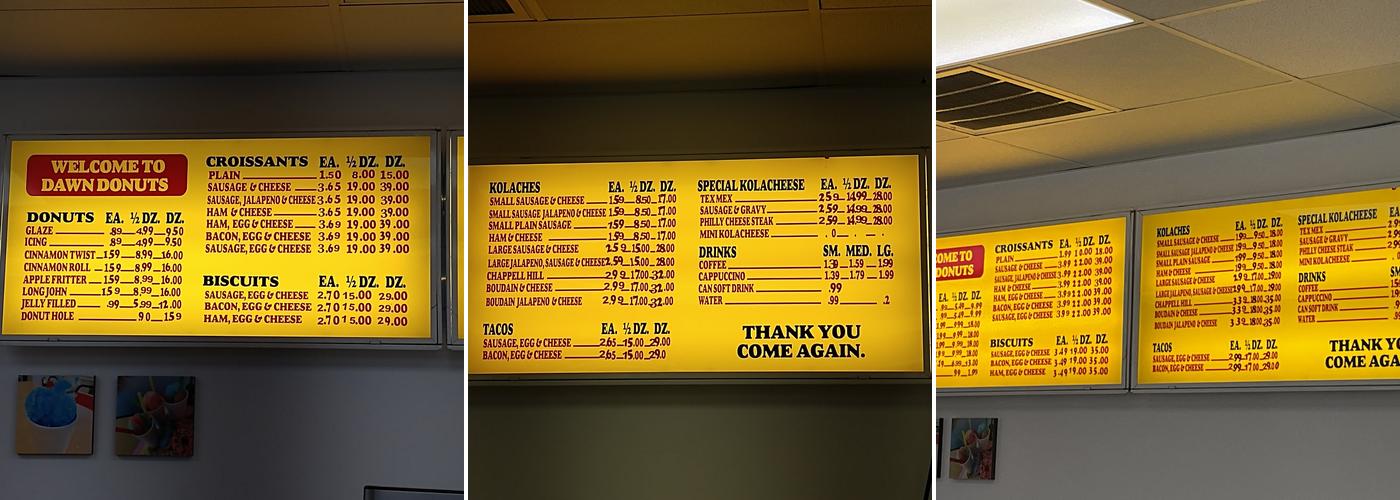 Dawn Donuts Menu