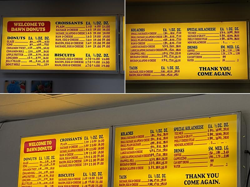 Dawn Donuts Menu