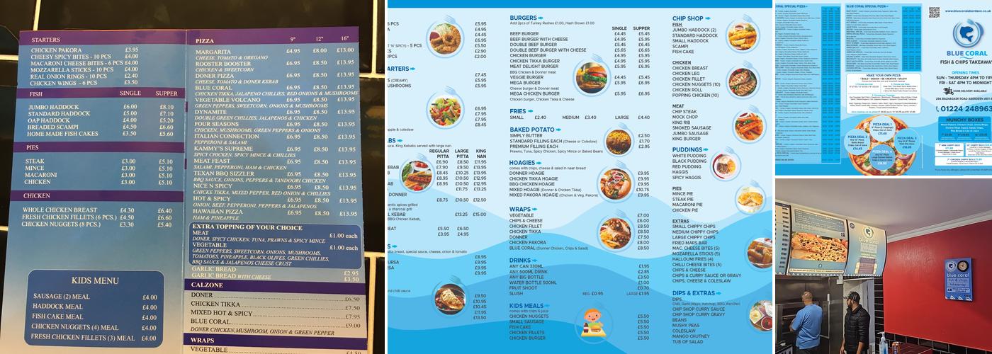 Blue Coral Fish and Chips. Menu