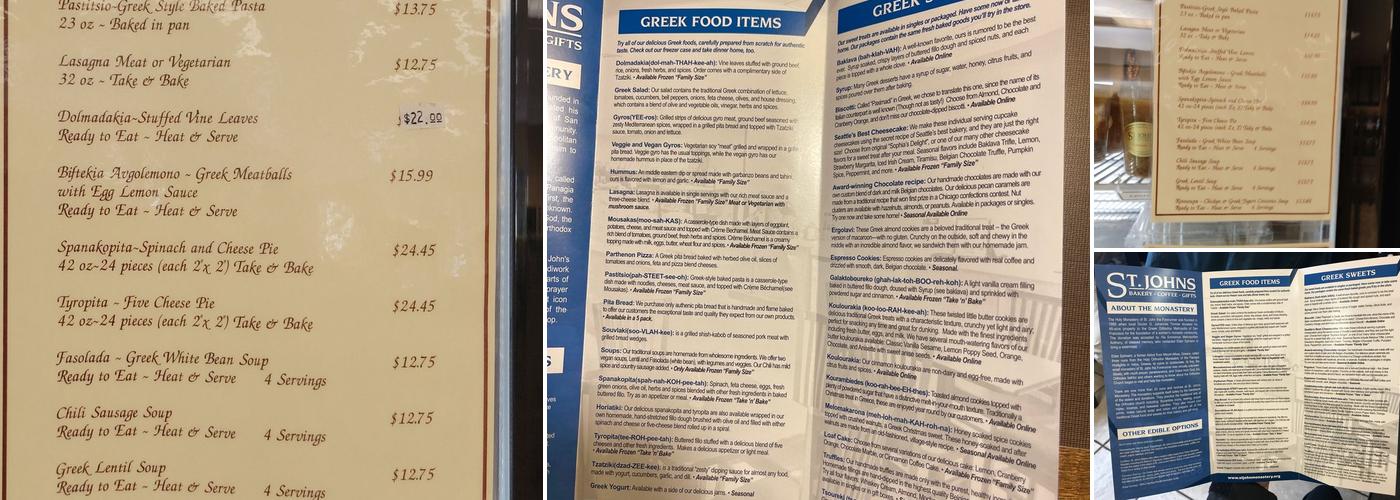 St John's Monastery & Bakery Menu