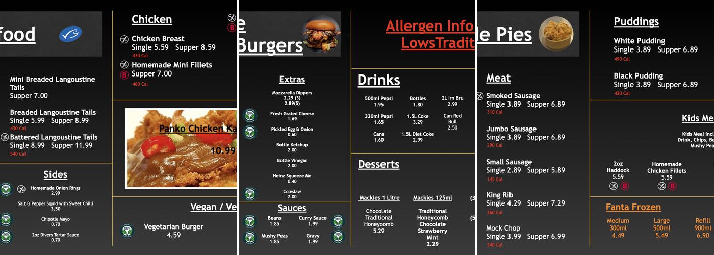 Lows Traditional Fish & Chips Menu