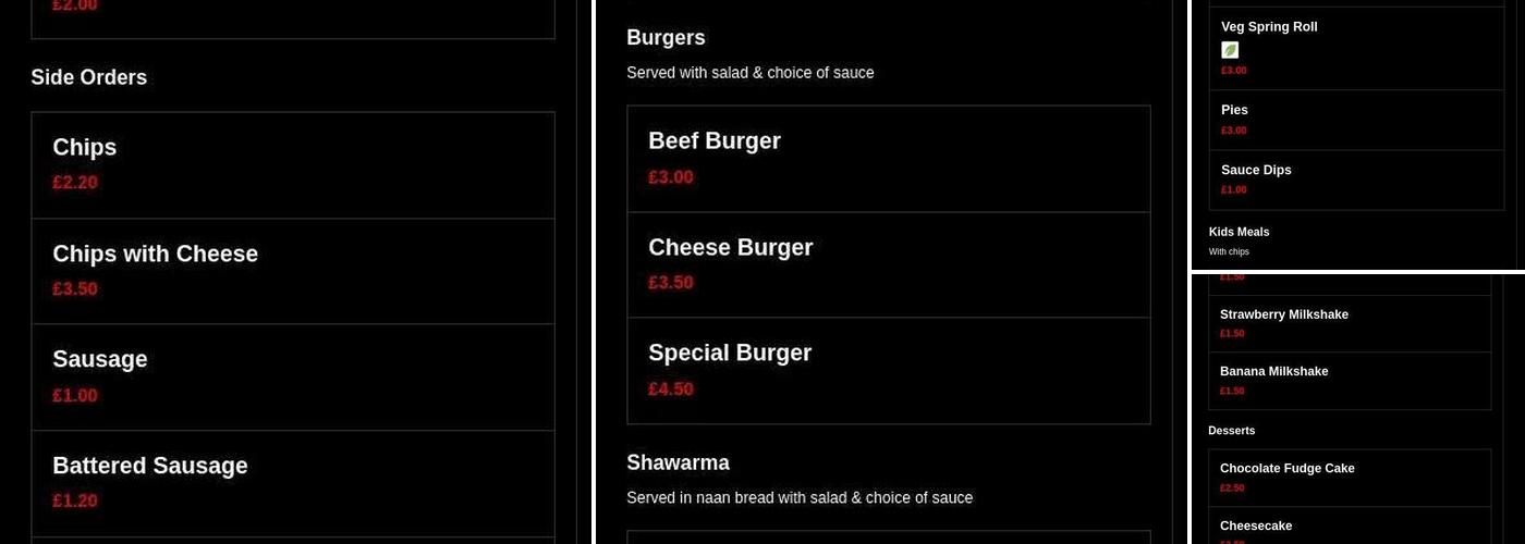 AJ Fish, Kebabs & Pizzas Menu