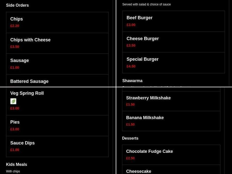 AJ Fish, Kebabs & Pizzas Menu