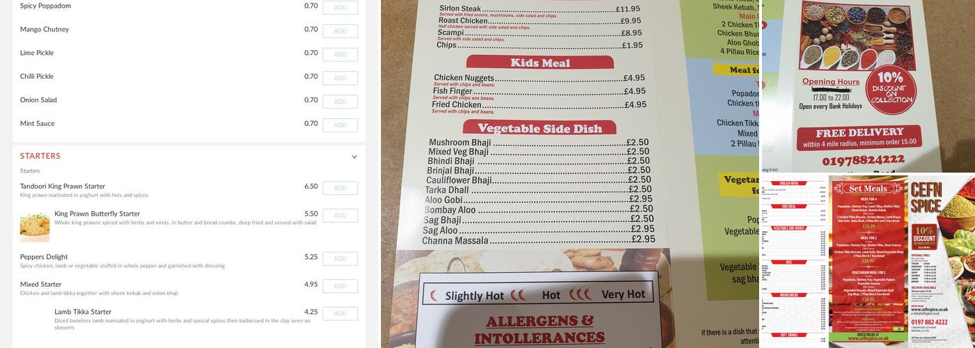 Cefn Spice Menu