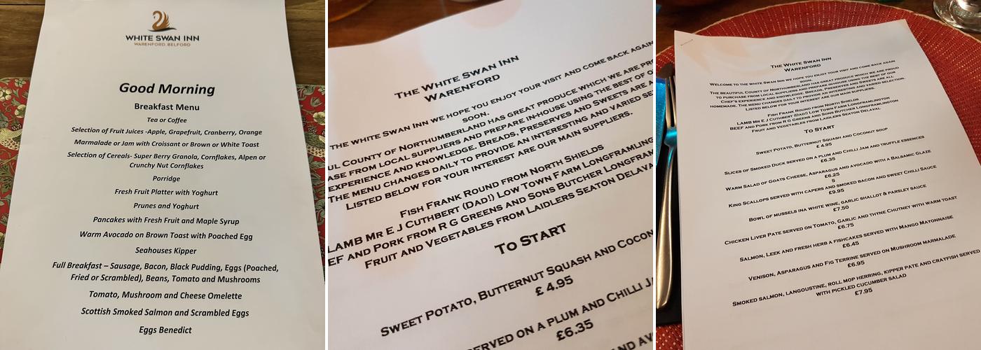 The White Swan Inn Menu