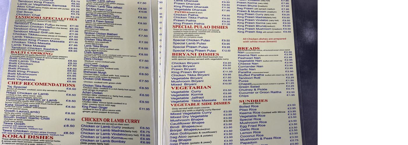 Taj Mahal Menu