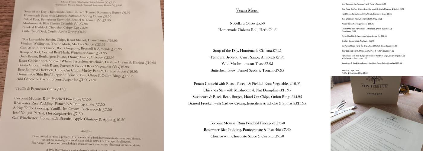 Yew Tree Inn Menu
