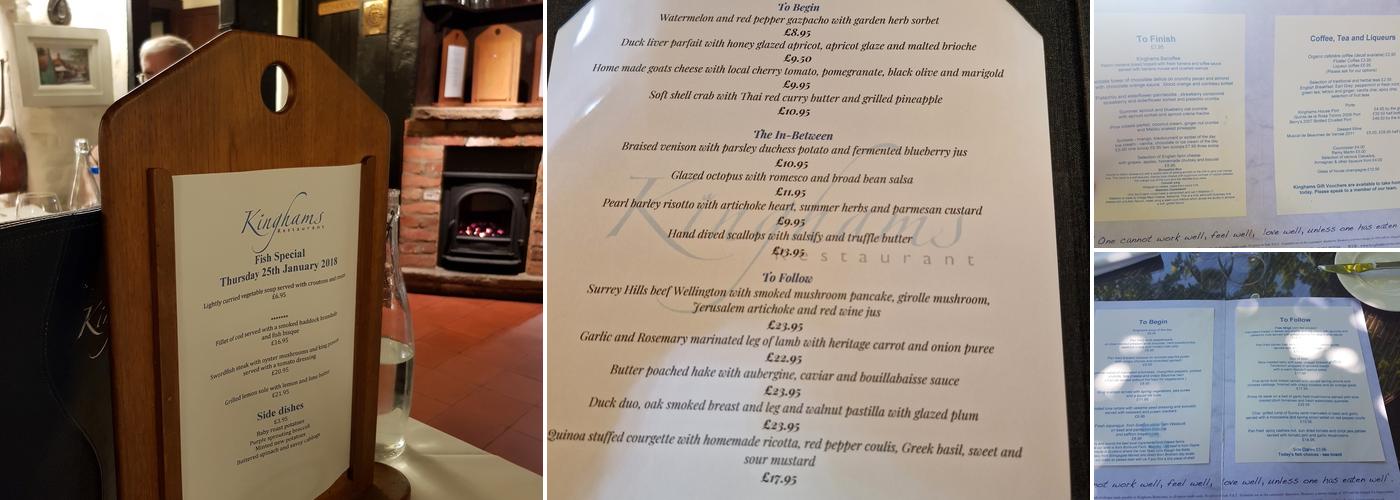 Kinghams Restaurant Menu