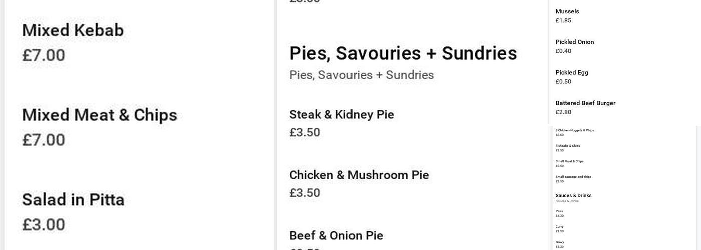 Alcester Fish Bar Menu