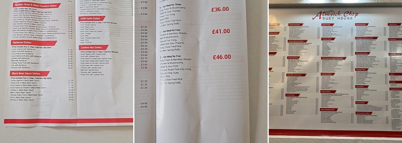 Alnwick Chop Suey House Menu