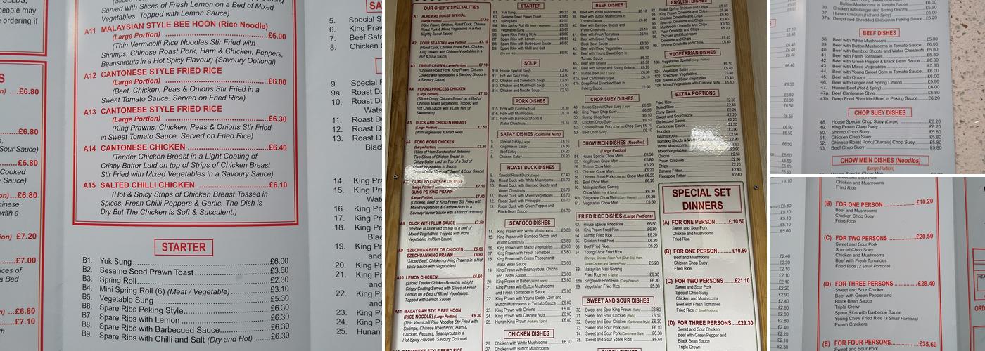 Alrewas Cantonese Menu