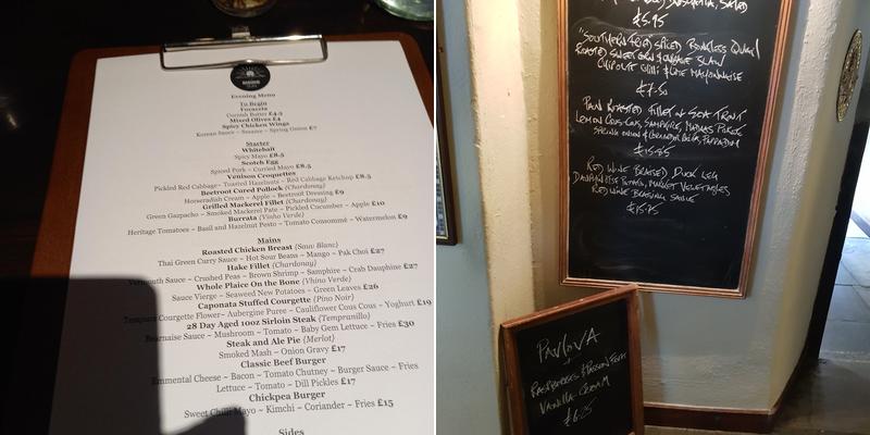 Rising Sun Inn Launceston Menu