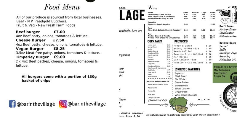 Bar in the Village Menu