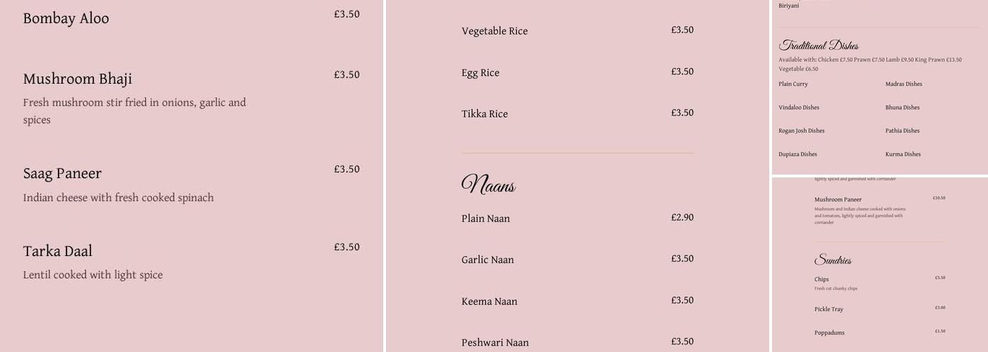 Taj Mahal Indian Restaurant and Takeaway, Amble Menu