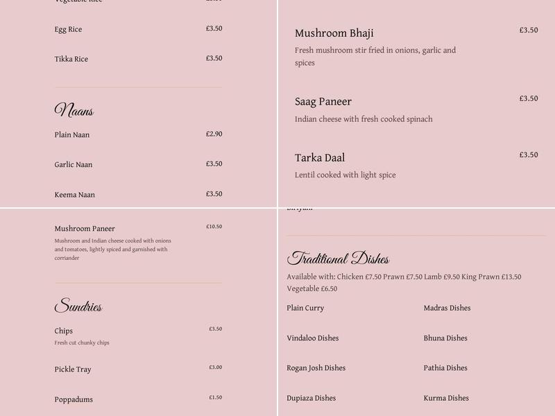 Taj Mahal Indian Restaurant and Takeaway, Amble Menu