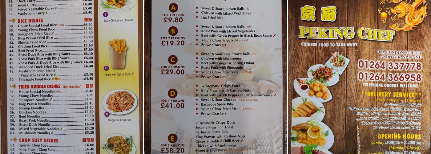 Peking Chef Chinese Takeaway Andover Menu