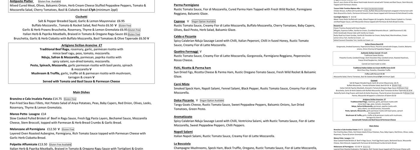 Piccola Italian Menu