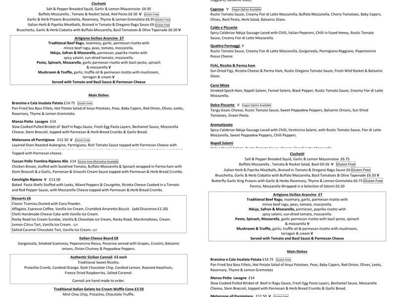 Piccola Italian Menu