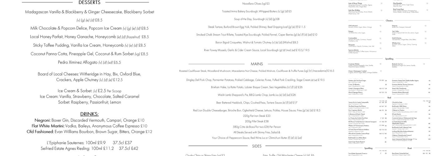 The Red Lion, Peppard Common Menu