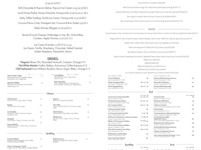 The Red Lion, Peppard Common Menu