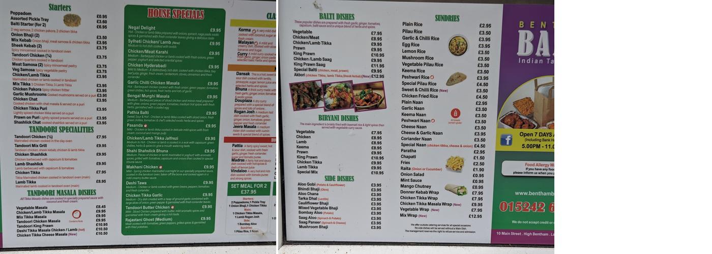 Bentham Balti Indian Take Away Menu