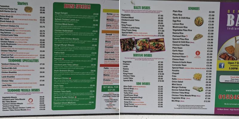 Bentham Balti Indian Take Away Menu