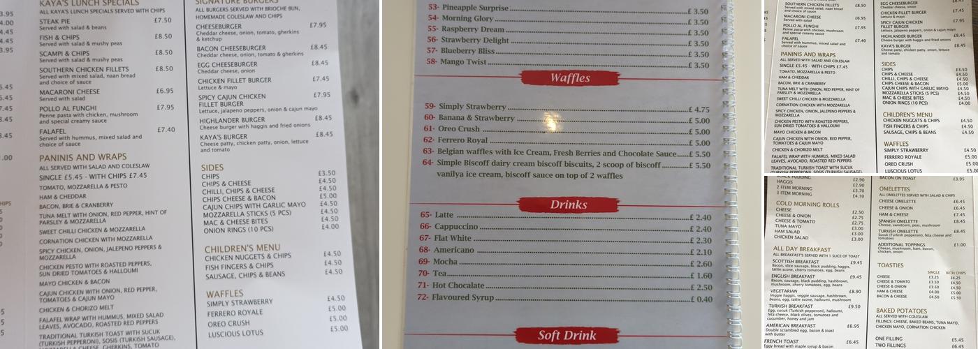 Kaya’s Cafe Menu